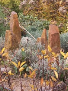 Strzeliste kamienie na lawendowej rabacie jesienią